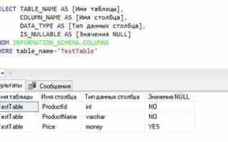 Как посмотреть типы данных в таблице sql