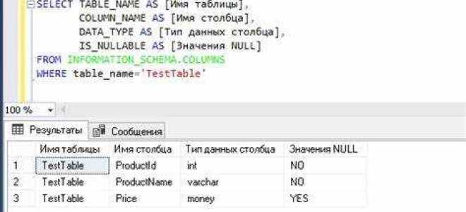 Как посмотреть типы данных в таблице sql