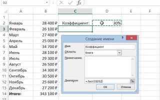 Как присвоить имя ячейки в excel