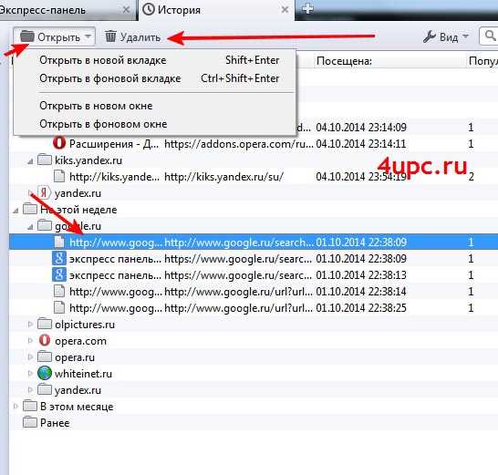 Просмотр истории через панель управления Opera GX