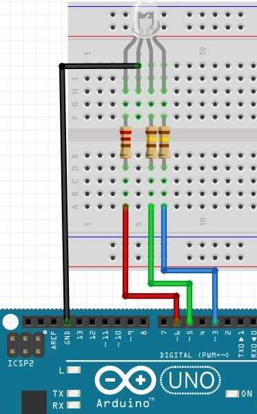 Создание плавной смены цветов с помощью функции analogWrite()