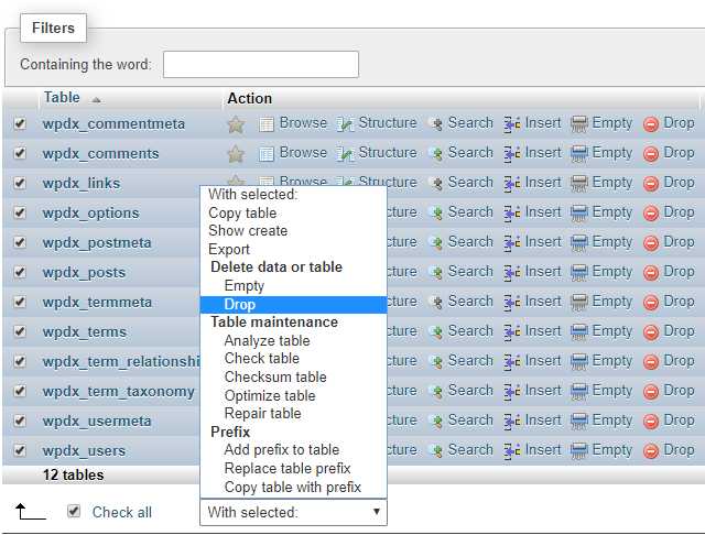 Как очистить базу sql