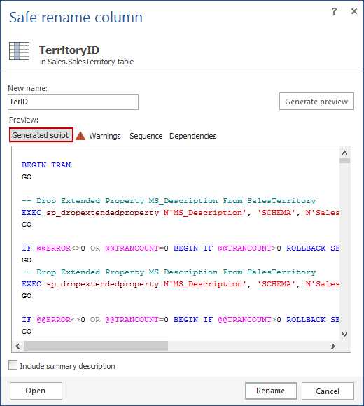 Как изменить имя столбца в SQL Server с помощью sp_rename