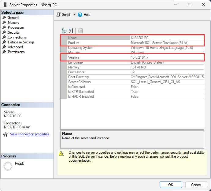 Определение версии через SQL Server Management Studio (SSMS)