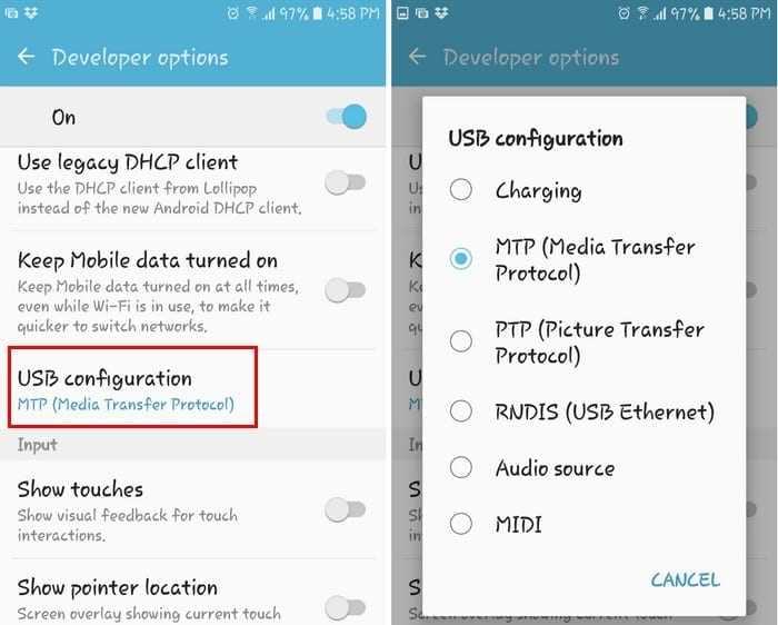 Шаги для включения MTP на Android через настройки
