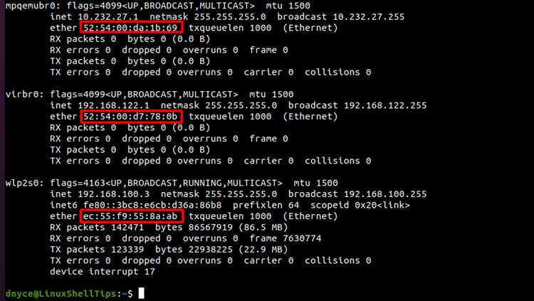 Использование команды ip для получения MAC-адреса InfiniBand